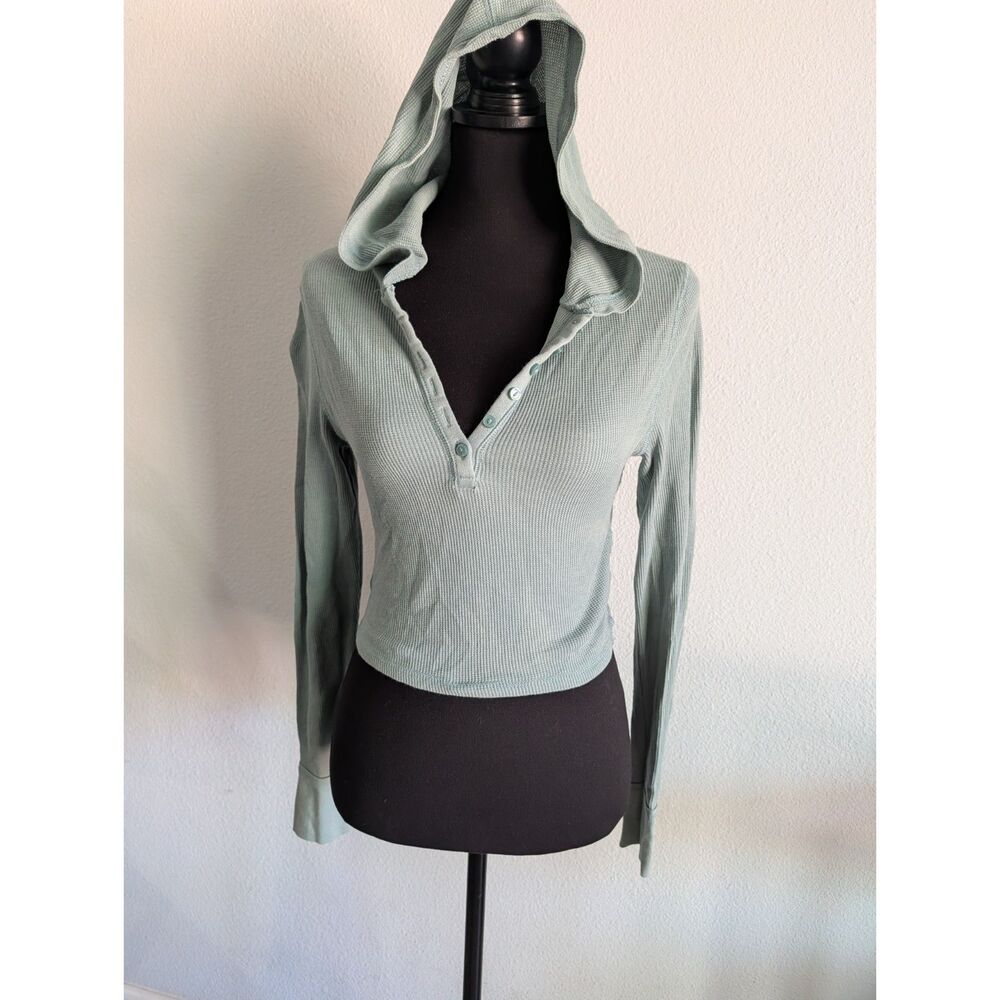 Sage Green Waffle Knit Hooded Henley Top Long Sleeve Y2K Women's Medium